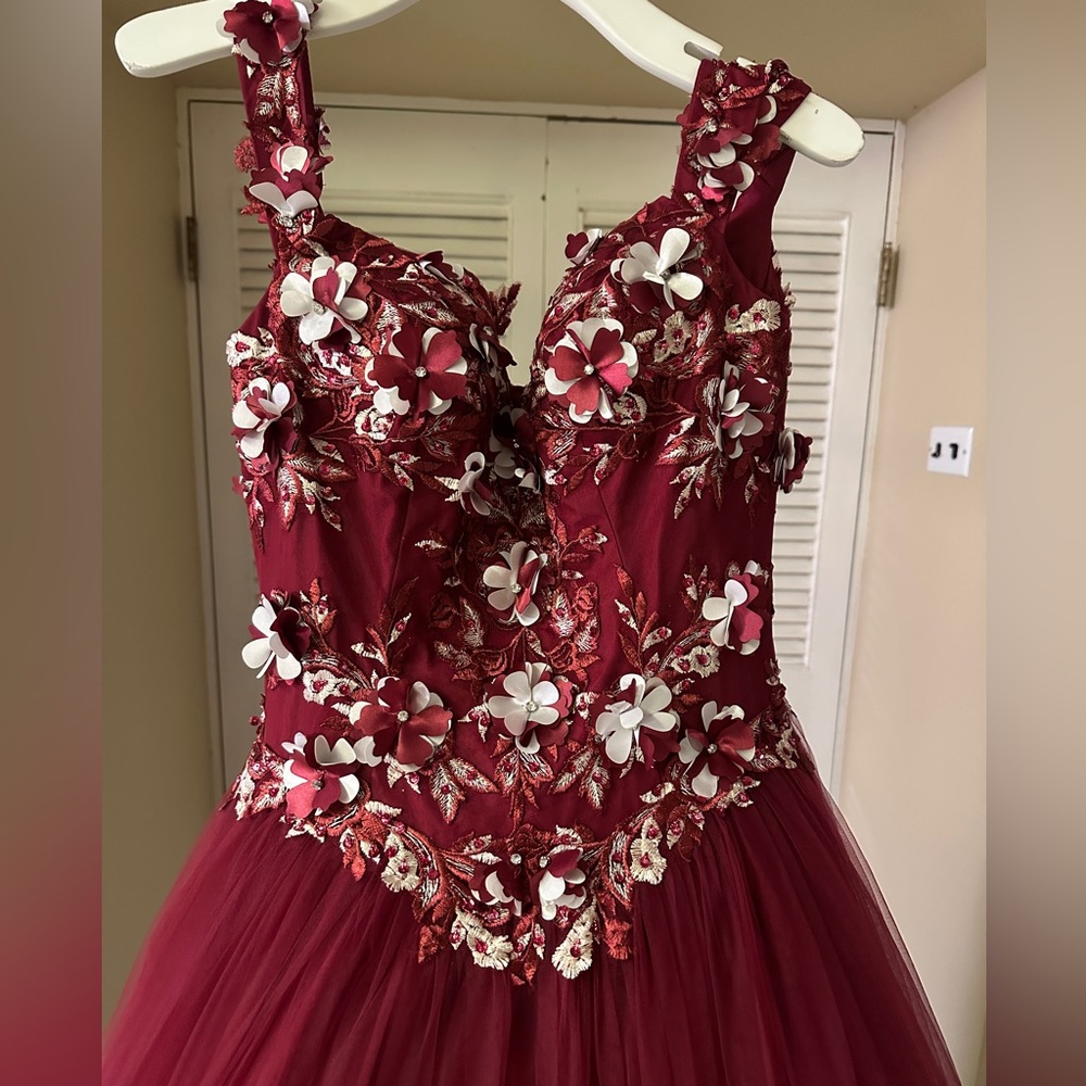 Elegant Floral Embellished Burgundy Dress